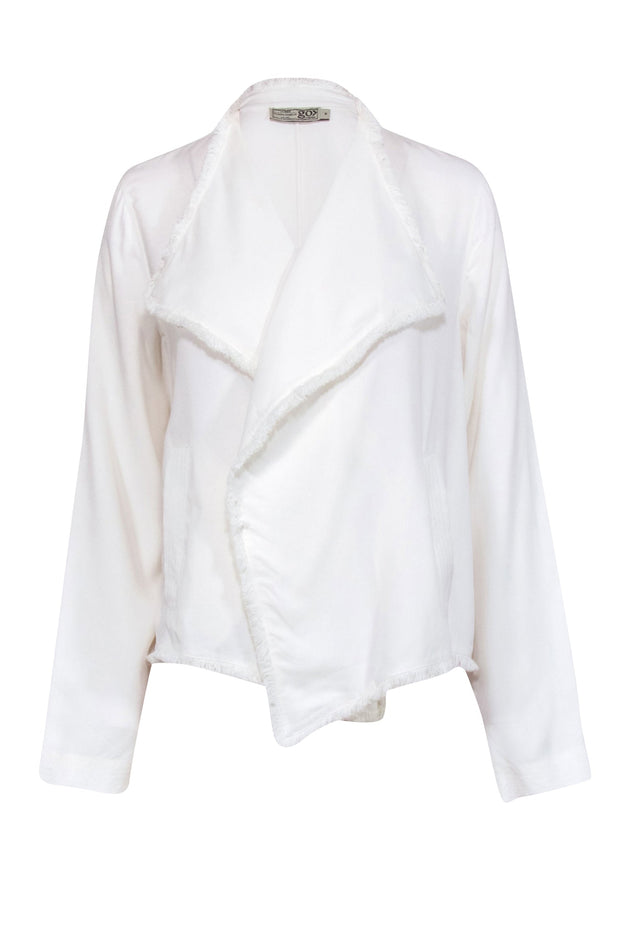 Current Boutique-Go Silk - Off White Silk Open Front Jacket w/ Fringe Sz M