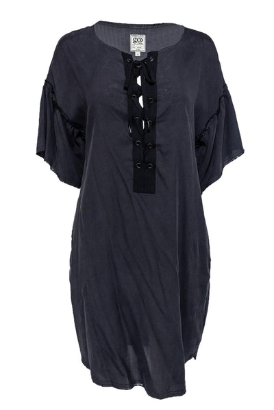 Current Boutique-Go by GoSilk - Charcoal Silk Lace-Up Shift Dress Sz S