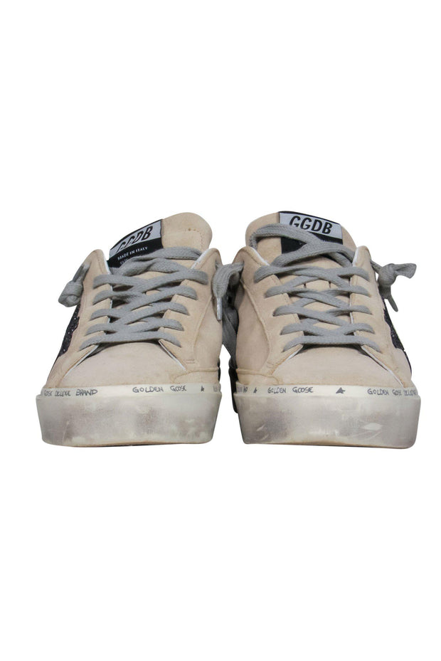 Current Boutique-Golden Goose - Beige Suede Lace-Up Distressed "Hi Star" Sneakers w/ Sparkly Star Design Sz 8