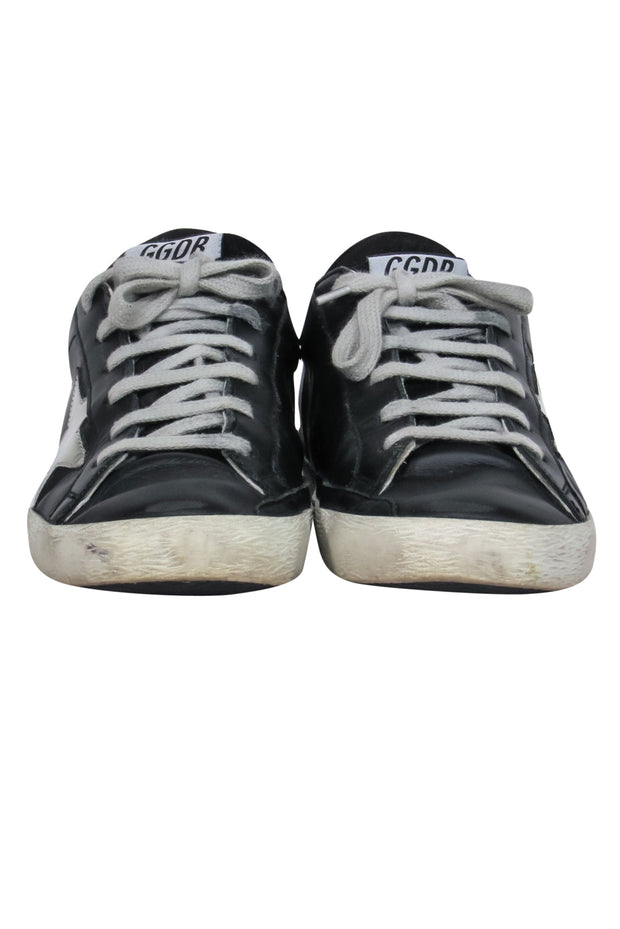 Current Boutique-Golden Goose - Black Leather Sneakers w/ Grey Laces & Silver Stars Sz 9