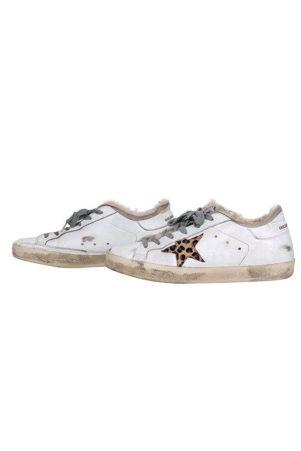 Current Boutique-Golden Goose - White "Superstar" Sherpa Lined Lace Up Sneakers w/ Leopard Star Sz 7