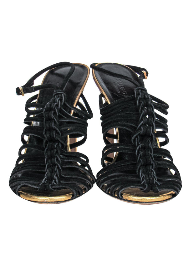 Current Boutique-Gucci - Black Braided Suede Heel Sandals w/ Gold Trim Sz 8.5