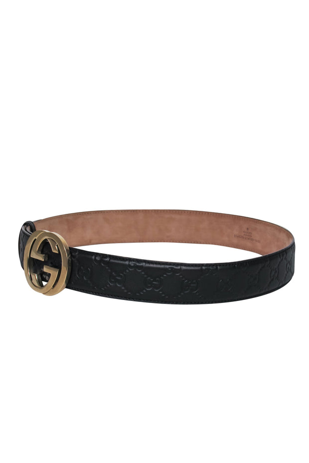 Current Boutique-Gucci - Black Embossed Leather "GG" Buckle Belt