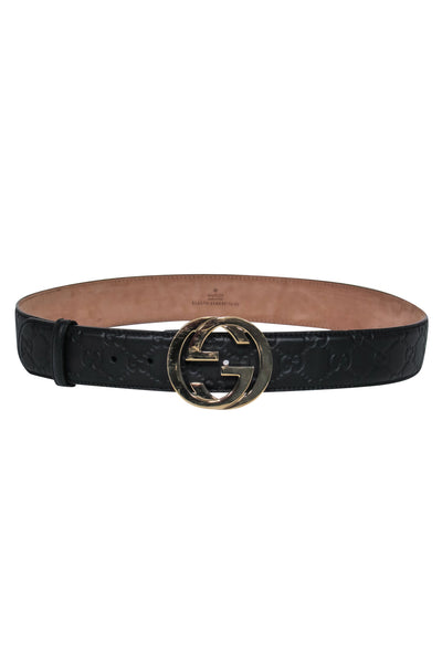 Current Boutique-Gucci - Black Embossed Leather "GG" Buckle Belt