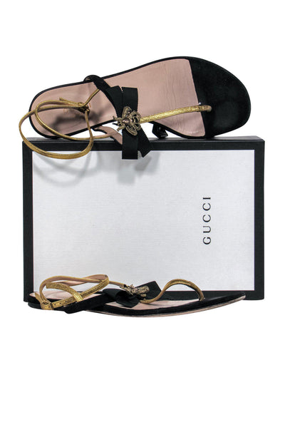 Current Boutique-Gucci - Black & Gold Strappy Sandals w/ Bee Design Sz 8.5