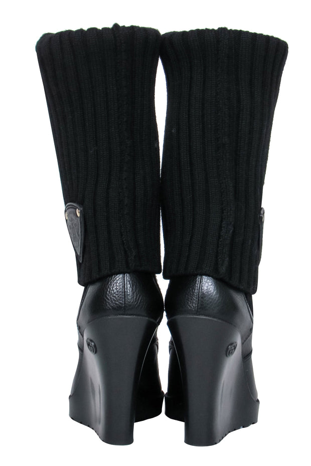 Current Boutique-Gucci - Black Leather & Ribbed Knit Fold-Over Wedge Boots Sz 7