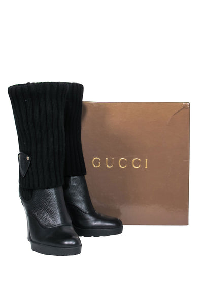 Current Boutique-Gucci - Black Leather & Ribbed Knit Fold-Over Wedge Boots Sz 7