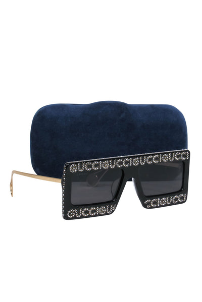 Current Boutique-Gucci - Black Shield-Style Sunglasses w/ Rhinestone Logo