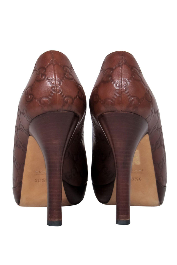 Current Boutique-Gucci - Brown Leather Logo Embossed Peep Toe Platform Pumps w/ Horsebit Sz 8.5