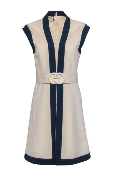 Current Boutique-Gucci - Cream & Navy Sleeveless Fit & Flare Dress w/ Logo Belt Sz S