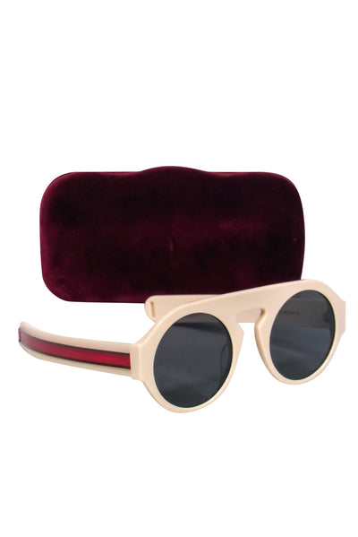 Current Boutique-Gucci - Ivory Round Sunglasses w/ Striped Logo Arms