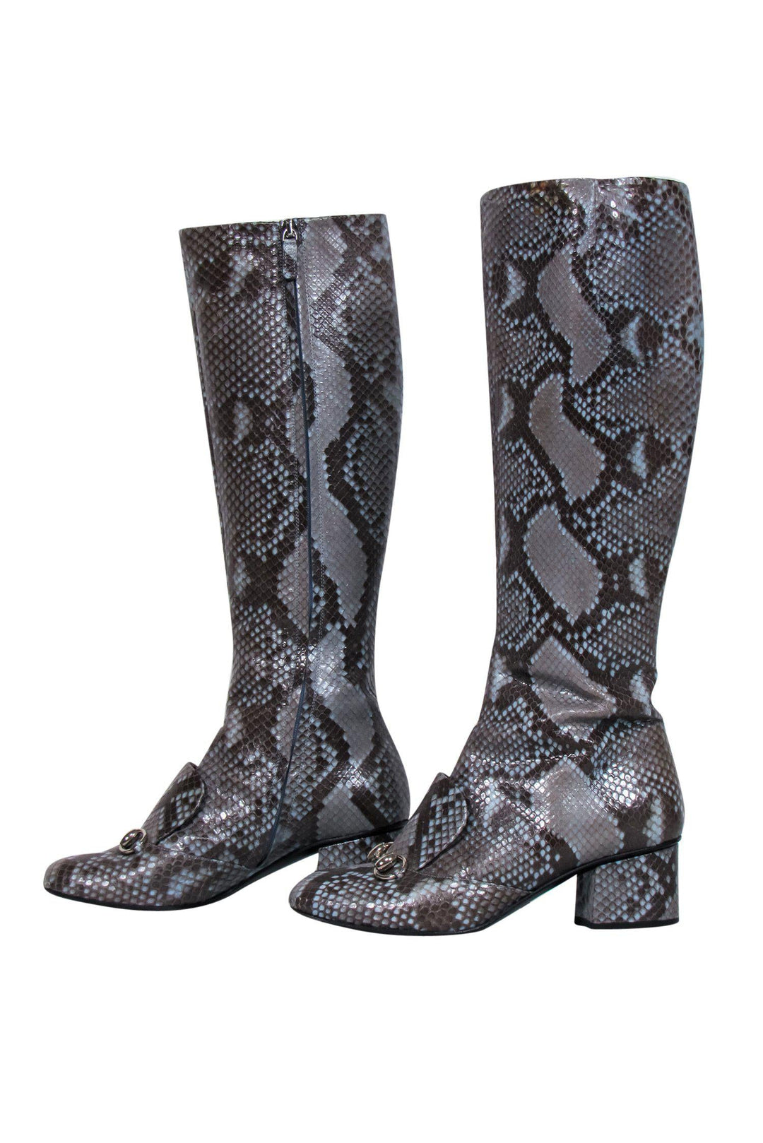 Gucci Slate Blue Brown Snakeskin Heeled Knee High Boots w Horsebi Current Boutique