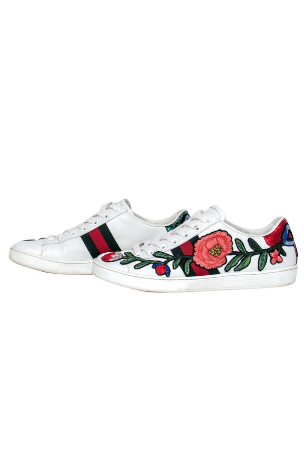 Current Boutique-Gucci - White Floral Embroidered Low Top Sneakers Sz 7.5