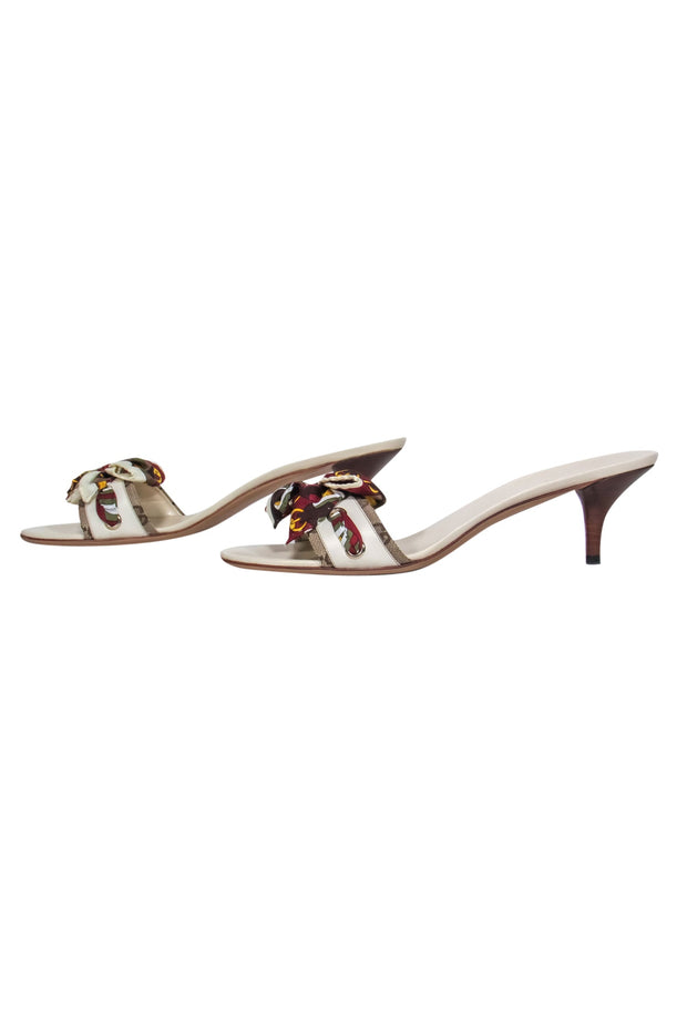 Current Boutique-Gucci - White Leather & Buckle Printed Satin Bow Mule Kitten Heels Sz 12