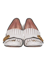 Current Boutique-Gucci - White "Marmont Kiltie" Fringe Loafer Heels w/ Embroidery Sz 8.5