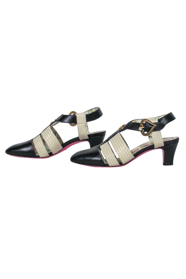 Current Boutique-Gucci - White, Navy & Floral T-Strap-Style Kitten Heels Sz 8
