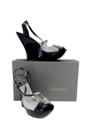 Current Boutique-Gunmetal - Black & Grey Patent Leather Platform Wedges Sz 10