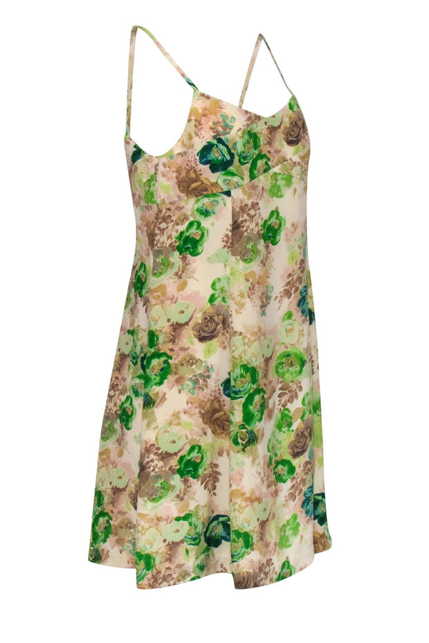Current Boutique-HD in Paris - Beige and Green Floral Print Silk Shift Dress Sz 8