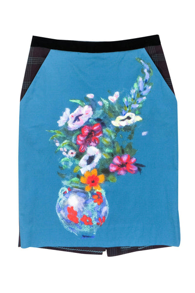 Current Boutique-HD in Paris - Teal & Tartan Pencil Skirt w/ Painted Florals Sz 2