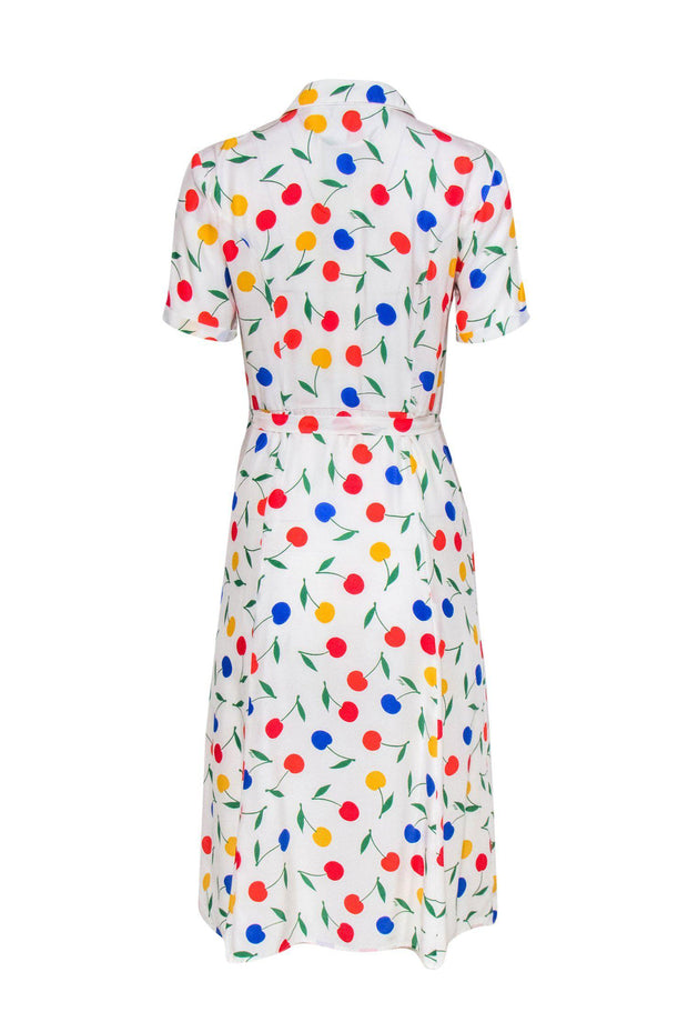 Current Boutique-HVN - White & Multicolored Cherry Print Silk Button-Up Midi Dress Sz 4