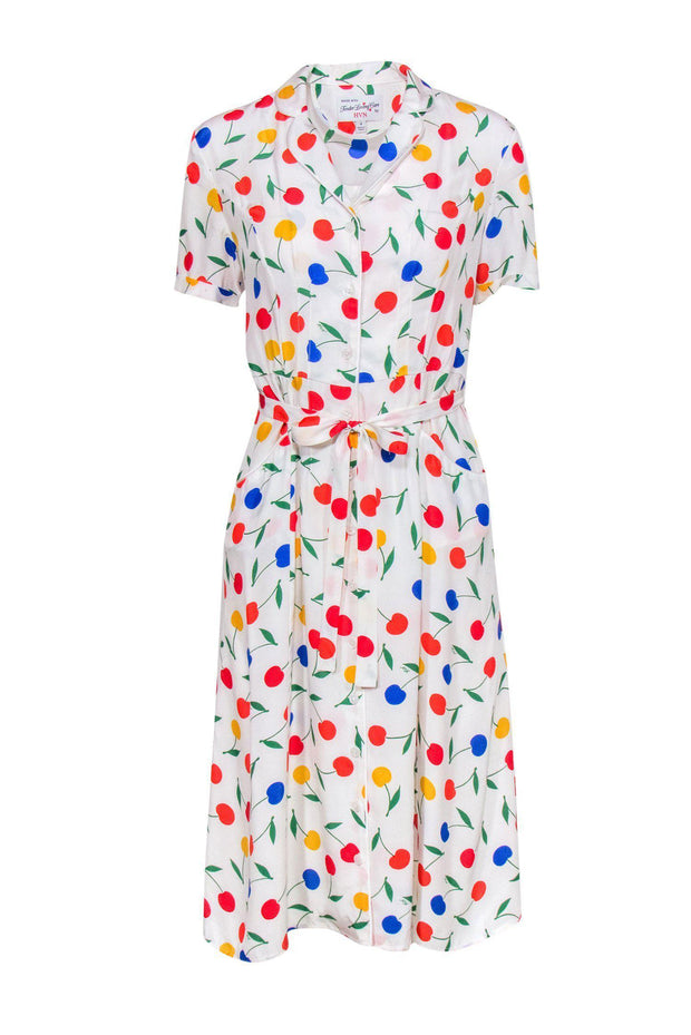 Current Boutique-HVN - White & Multicolored Cherry Print Silk Button-Up Midi Dress Sz 4