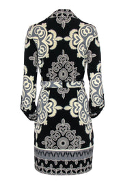 Current Boutique-Hale Bob - Black, Cream & Grey Printed Half Button-Up Belted Shirt Dress Sz S