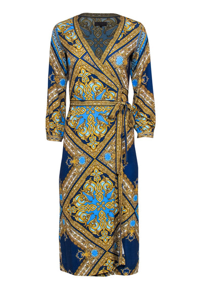 Current Boutique-Hale Bob - Blue & Gold Filigree Printed Long Sleeve Wrap Dress Sz XS