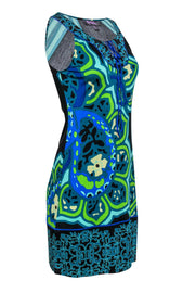Current Boutique-Hale Bob - Green, Blue & Black Printed Sleeveless Silk Shift Dress Sz M