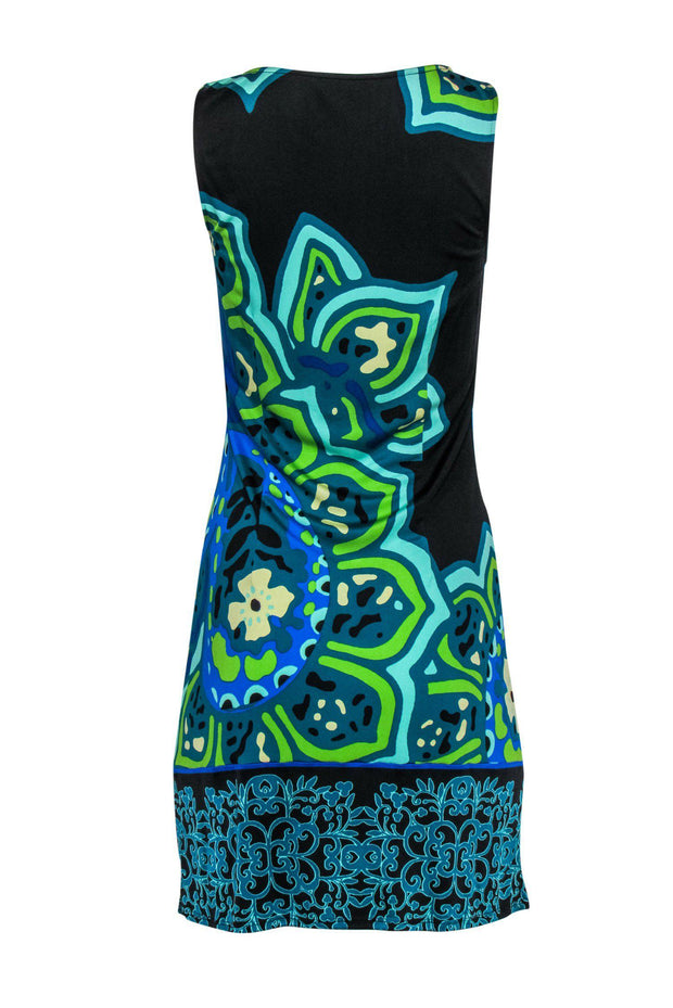 Current Boutique-Hale Bob - Green, Blue & Black Printed Sleeveless Silk Shift Dress Sz M