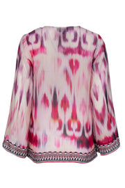 Current Boutique-Hale Bob - Pink Watercolor Print Long Sleeve Silk Blouse w/ Geometric Print Trim Sz XS