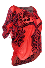 Current Boutique-Hale Bob - Red Sheer Short Sleeve Blouse w/ Purple Velvet Print Sz S