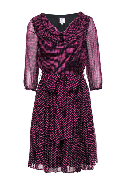 Current Boutique-Halston Heritage - Black & Purple Polka Dot Cowl Neck Dress w/ Sheer Sleeves Sz 4