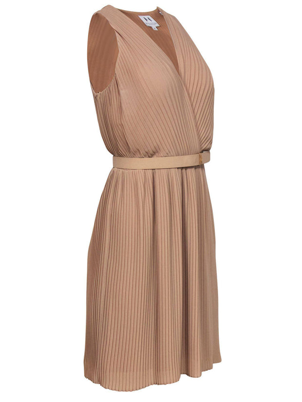 Current Boutique-Halston Heritage - Pleated Tan Plunge Neckline Dress w/ Belt Sz 6