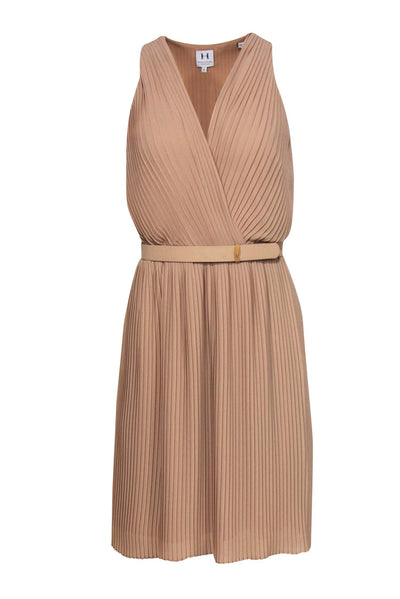 Current Boutique-Halston Heritage - Pleated Tan Plunge Neckline Dress w/ Belt Sz 6