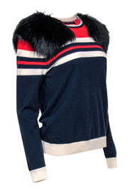 Current Boutique-Harvey Faircloth - Red, White & Blue Striped Sweater w/ Faux Fur Shoulder Detail Sz S