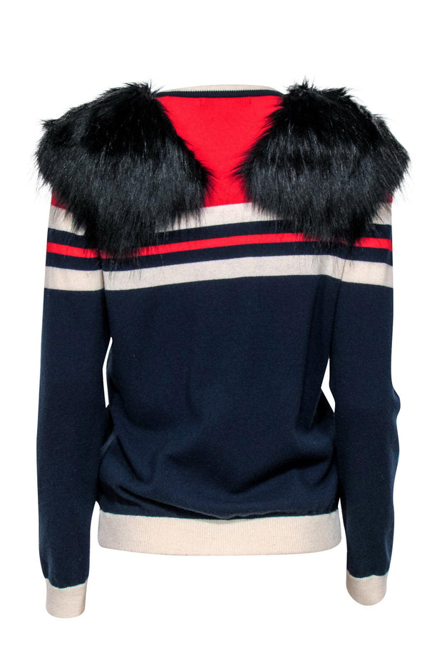 Current Boutique-Harvey Faircloth - Red, White & Blue Striped Sweater w/ Faux Fur Shoulder Detail Sz S