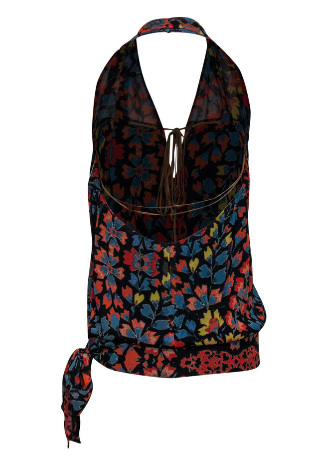 Current Boutique-Haute Hippie - Black & Multicolored Floral Print Silk Halter Blouse Sz S
