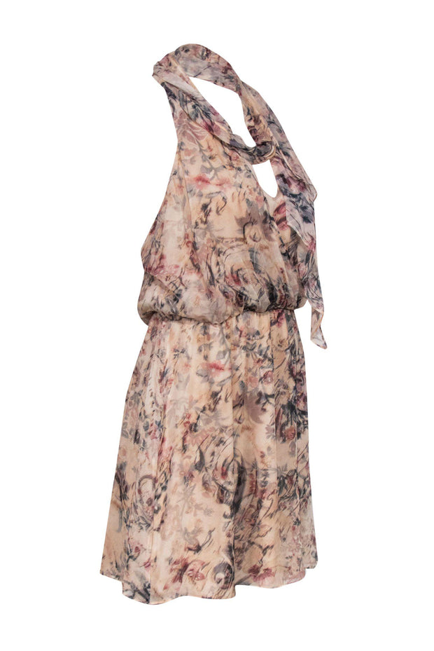 Current Boutique-Haute Hippie - Blush Floral Print Silk Sleeveless Fit & Flare Halter Dress Sz 4