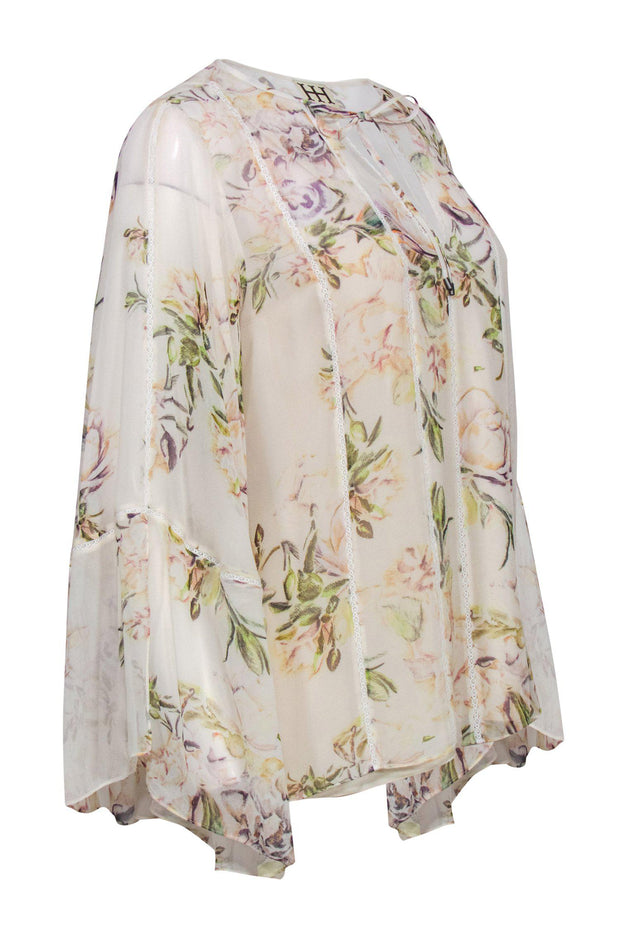 Current Boutique-Haute Hippie - Cream Floral Silk Peasant Blouse w/ Lace Trim Sz M