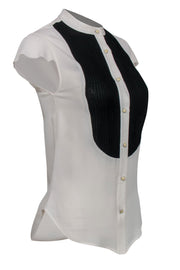 Current Boutique-Haute Hippie - White Blouse w/ Cap Sleeves & Black Pleated Bib Detail Sz S