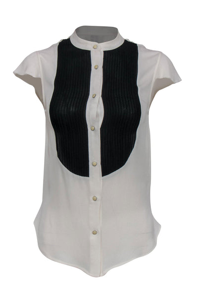 Current Boutique-Haute Hippie - White Blouse w/ Cap Sleeves & Black Pleated Bib Detail Sz S