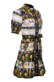 Current Boutique-Hayley Menzies - White, Black & Gold Printed Button-Up Puff Sleeve Shirtdress Sz S