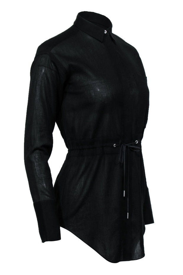 Current Boutique-Helmut Lang - Black Crinkled Texture Cotton Blouse w/ Drawstring Waist Sz XP