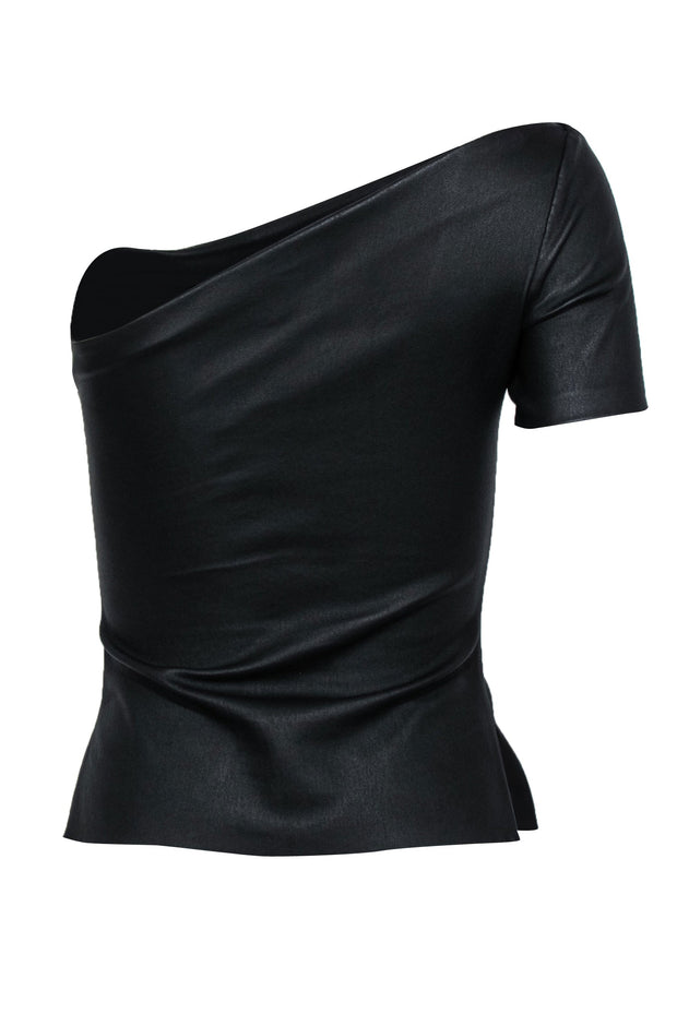Current Boutique-Helmut Lang - Black Leather One-Shoulder Short Sleeve Top Sz XS