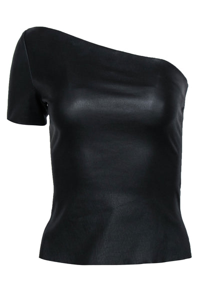 Current Boutique-Helmut Lang - Black Leather One-Shoulder Short Sleeve Top Sz XS