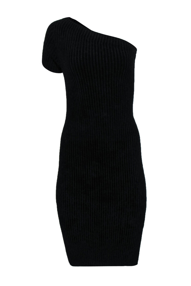 Current Boutique-Helmut Lang - Black Ribbed One-Shoulder Short Sleeve Fitted Dress Sz M