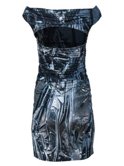 Current Boutique-Helmut Lang - Blue & Black Abstract Ruched Off-the-Shoulder Cocktail Dress Sz 8