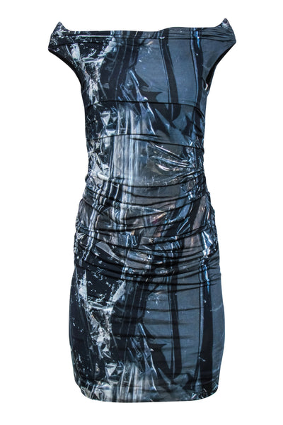 Current Boutique-Helmut Lang - Blue & Black Abstract Ruched Off-the-Shoulder Cocktail Dress Sz 8