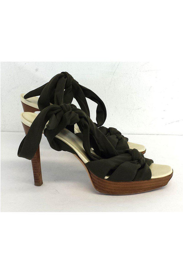 Current Boutique-Helmut Lang - Olive Green Fabric Tie Up Heels Sz 8