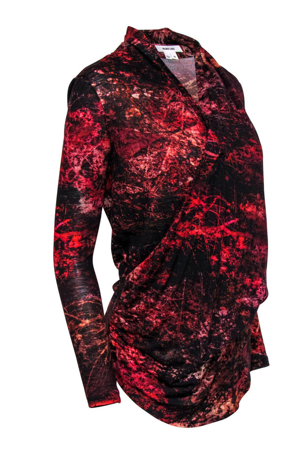 Current Boutique-Helmut Lang - Red & Black Abstract Forest Printed Draped Top Sz M